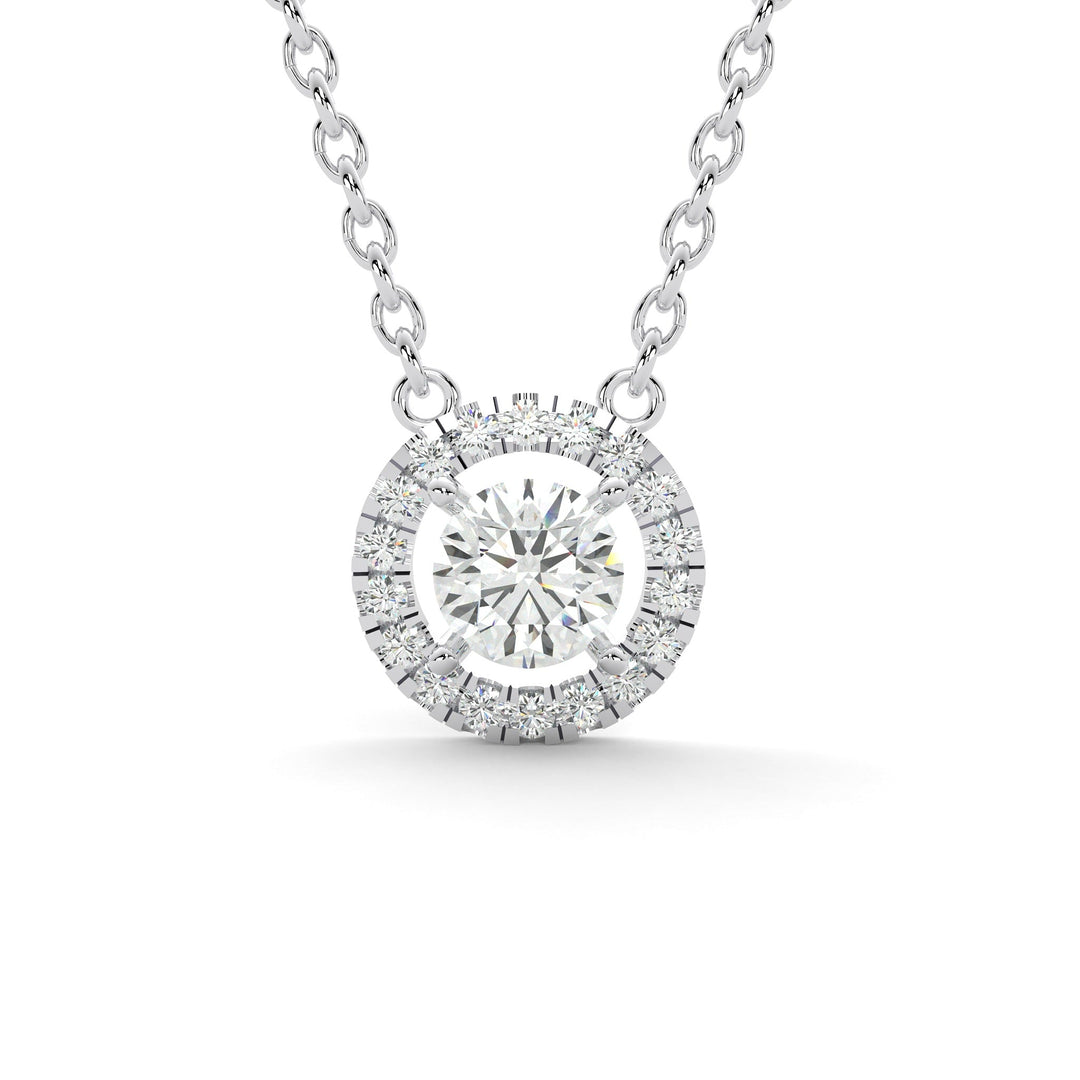 a necklace with a round cut diamond in the center