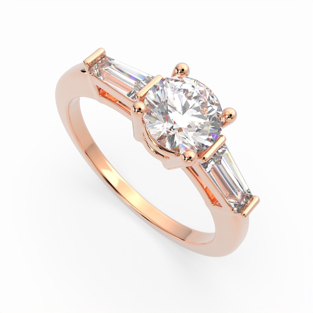 a rose gold engagement ring with three baguets