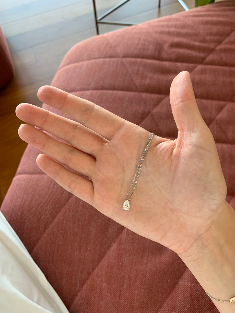 A person's hand is shown wearing a delicate necklace with a small pendant.
