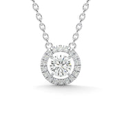 a necklace with a round cut diamond in the center