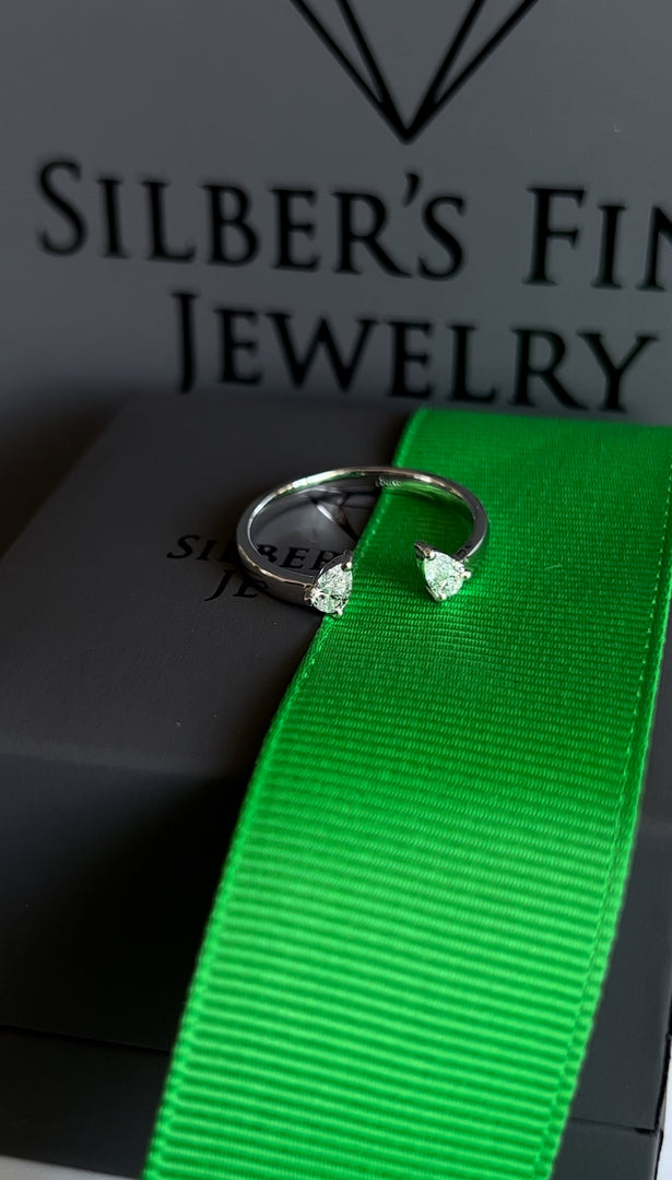 A silver ring with two small diamonds is displayed on a green ribbon, with a gray box labeled "SILBER'S FINE JEWELRY" in the background.